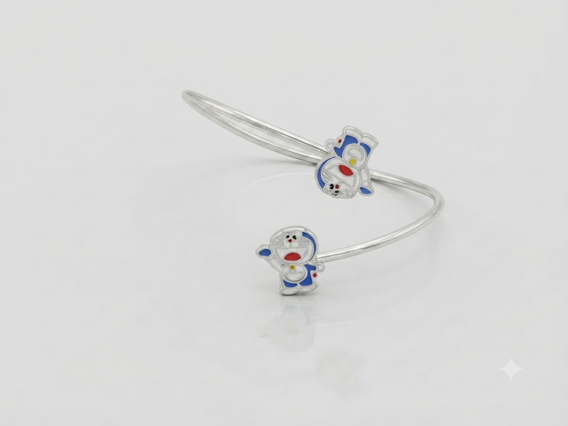Silver Blue Enamel Cartoon Duo Kids Cuff Bracelet