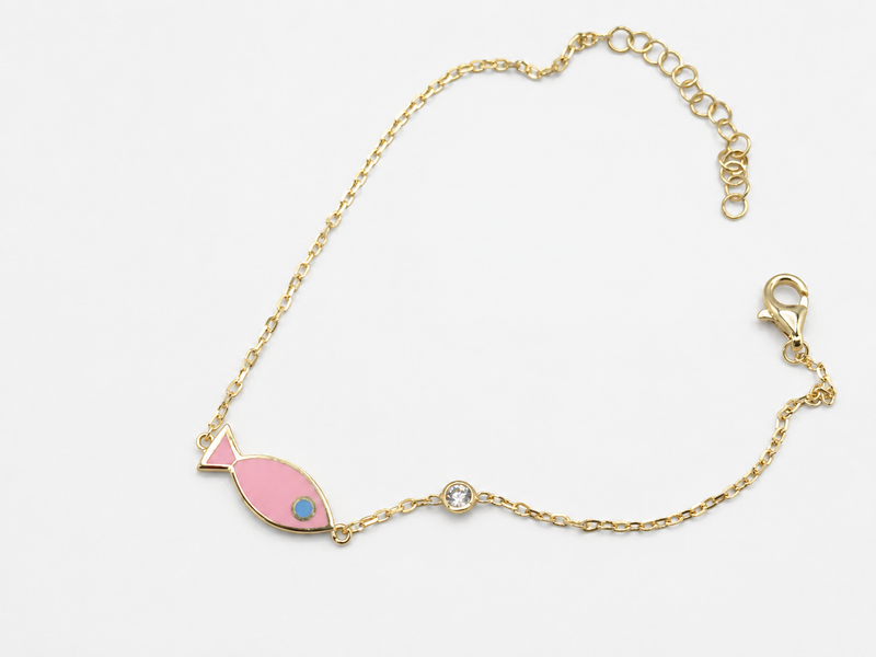 Silver Bracelet with Gold-Tone Pink Fish Charm