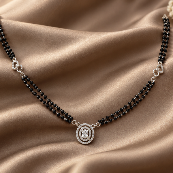 Silver Oval CZ Halo Double-Strand Mangalsutra