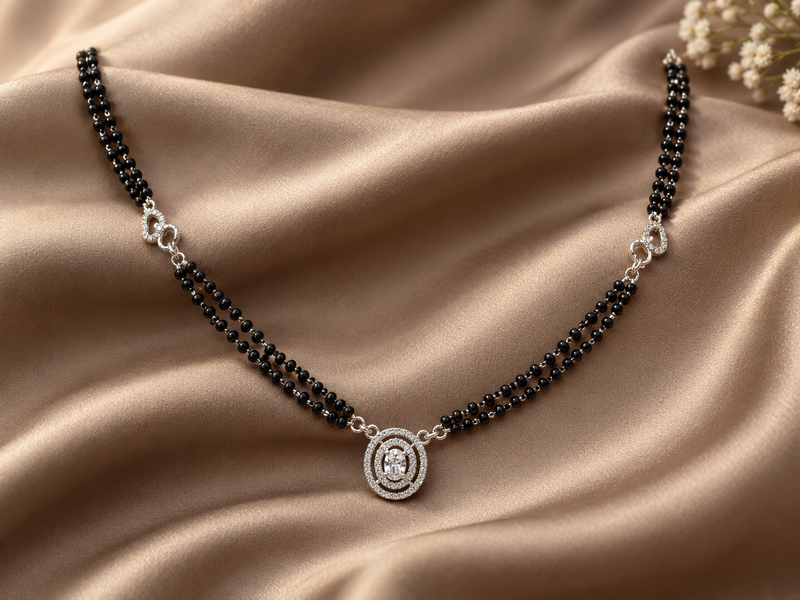 Silver Oval CZ Halo Double-Strand Mangalsutra