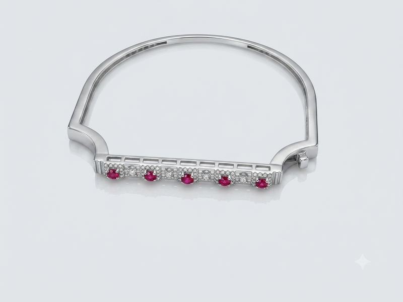 Silver Red Stone Bar Hinged Bangle