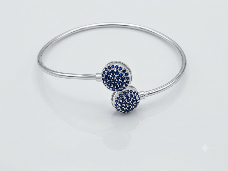 Silver Blue Pavé Double Disc Open Cuff Bracelet