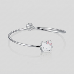 Silver Kitten Face Enamel Kids Cuff Bracelet