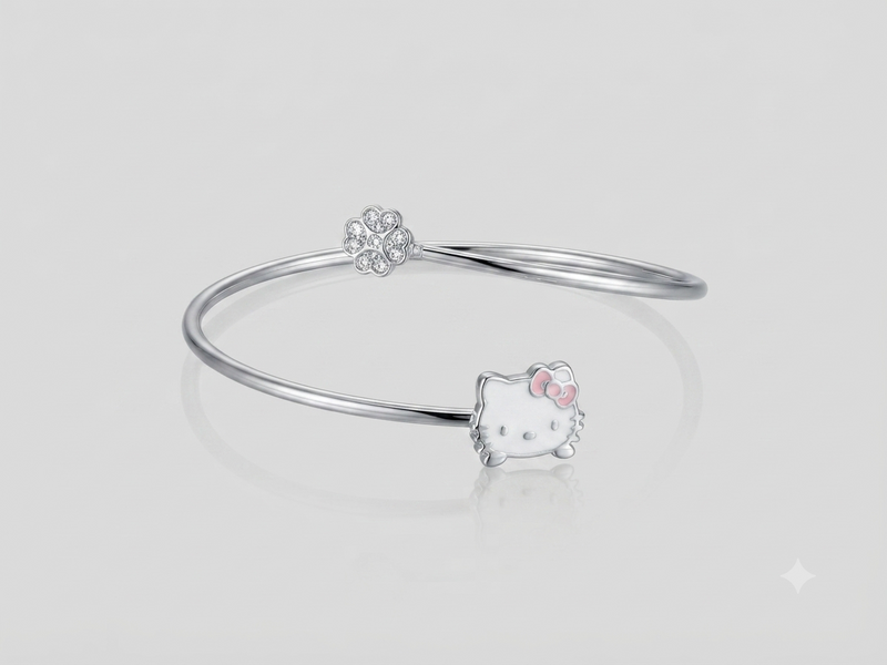 Silver Kitten Face Enamel Kids Cuff Bracelet