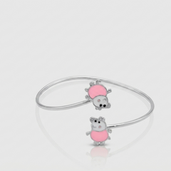Silver Pink Enamel Animal Duo Kids Cuff Bracelet