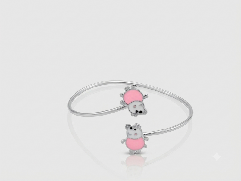 Silver Pink Enamel Animal Duo Kids Cuff Bracelet