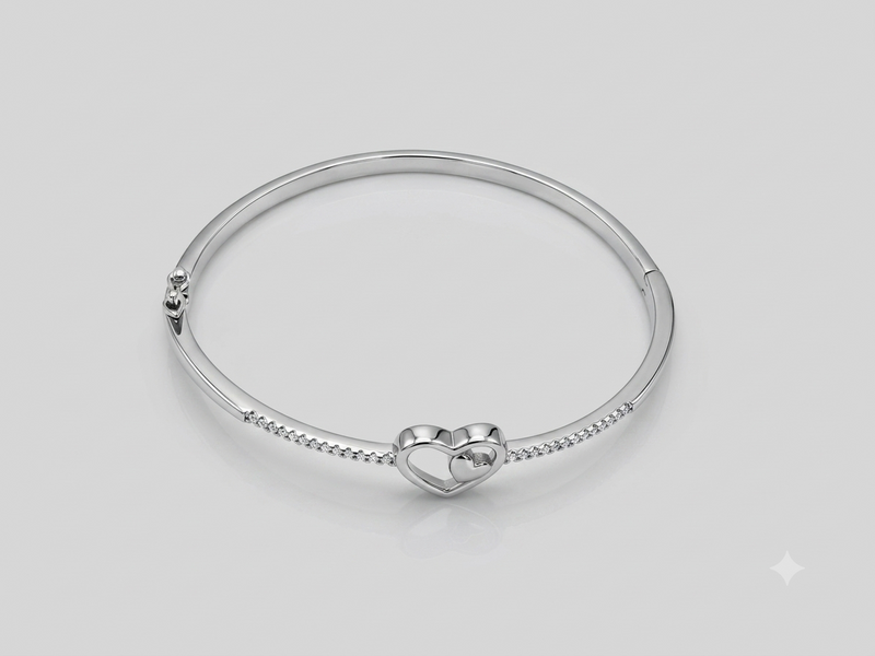 Silver Heart Charm Hinged Bangle