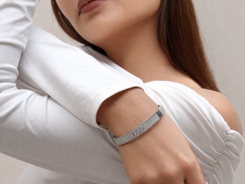 Silver Wide Pavé CZ Hinged Bracelet