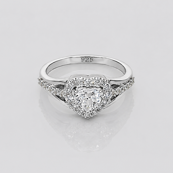 Silver Solitaire Heart Halo Split-Shank Ring