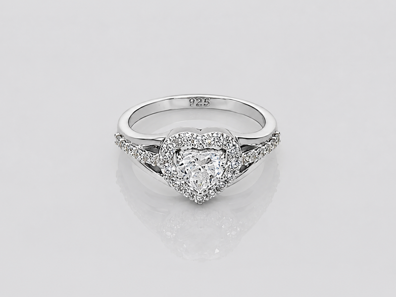 Silver Solitaire Heart Halo Split-Shank Ring