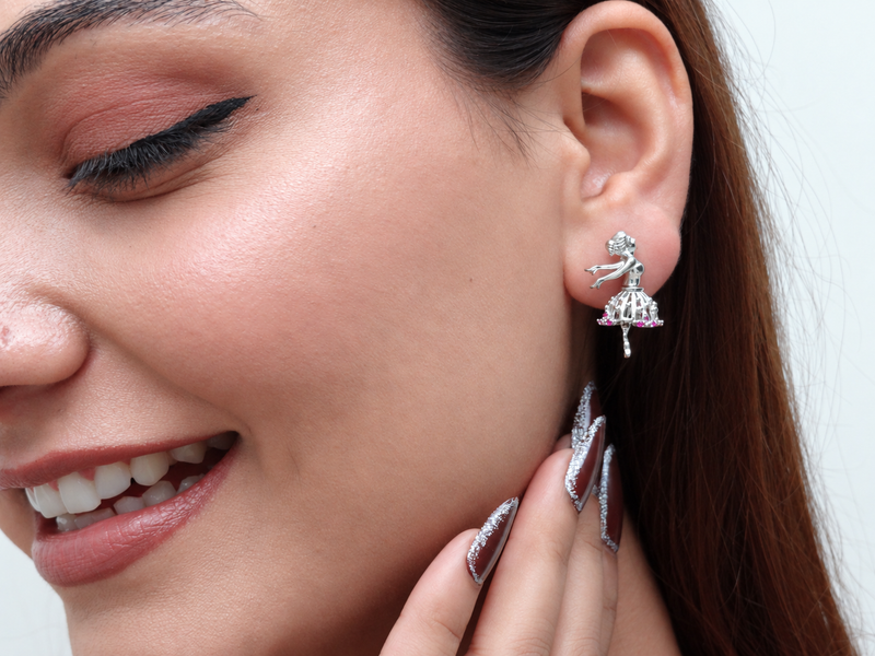 Silver Dancing Ballerina Ruby Accent Studs