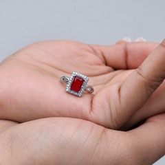 Silver Red Emerald-Cut Halo Openwork Ring