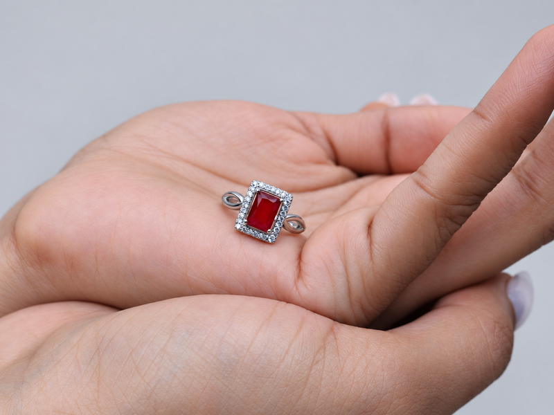 Silver Red Emerald-Cut Halo Openwork Ring
