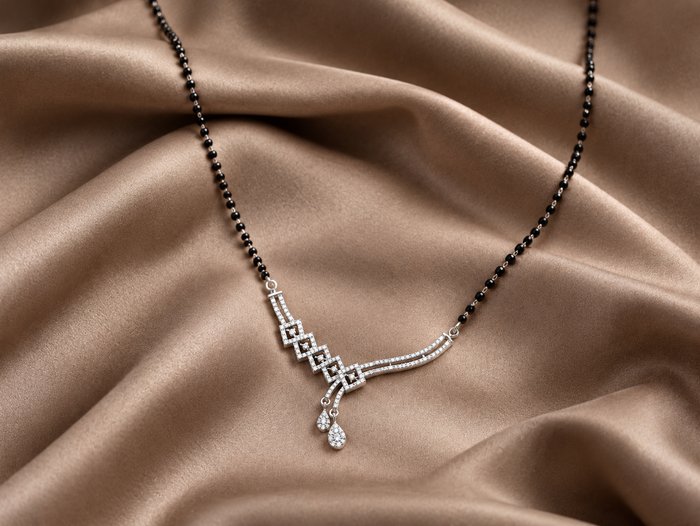 Silver CZ Scroll Bar & Teardrop Mangalsutra