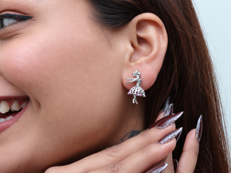 Silver Dancing Ballerina Ruby Accent Studs