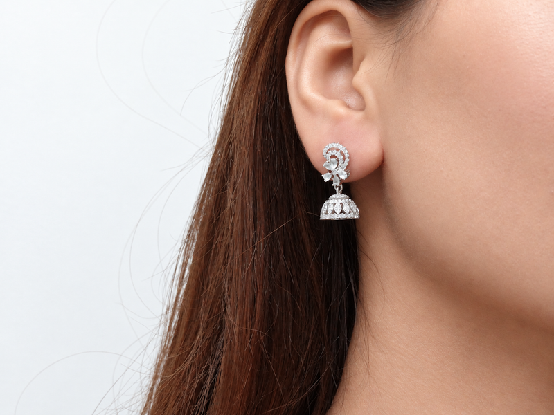 Silver Flower Swirl Pave Jhumkas