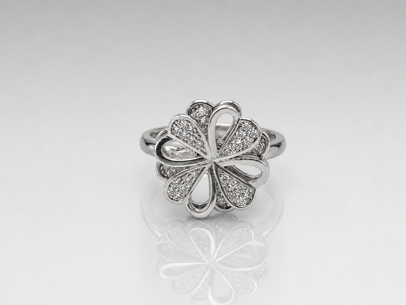 Silver Pave Six-Petal Flower Cocktail Ring