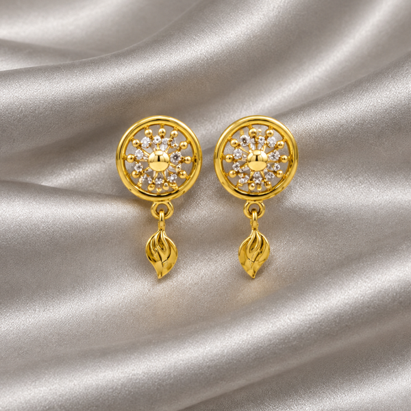 Golden CZ Disc & Leaf Drop Earrings