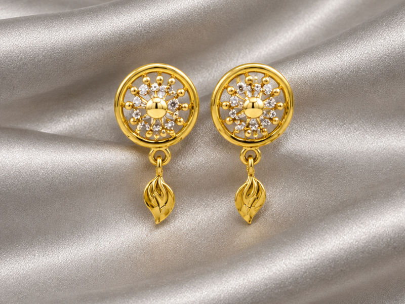 Golden CZ Disc & Leaf Drop Earrings