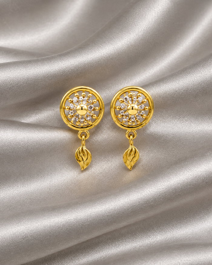 Golden CZ Disc & Leaf Drop Earrings