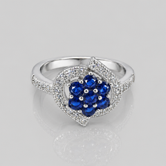 Silver Blue Cluster Flower Pave Frame Ring
