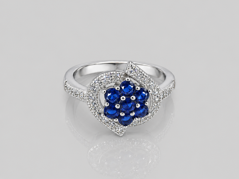 Silver Blue Cluster Flower Pave Frame Ring