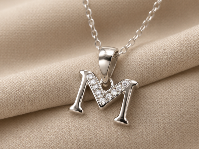 Silver Layered M Initial Pave Pendant