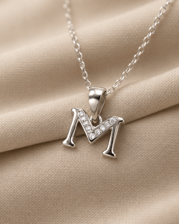 Silver Layered M Initial Pave Pendant