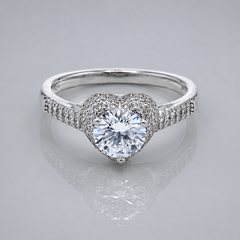 Silver Solitaire Pave Heart Halo Ring