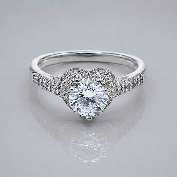 Silver Solitaire Pave Heart Halo Ring