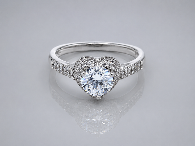 Silver Solitaire Pave Heart Halo Ring