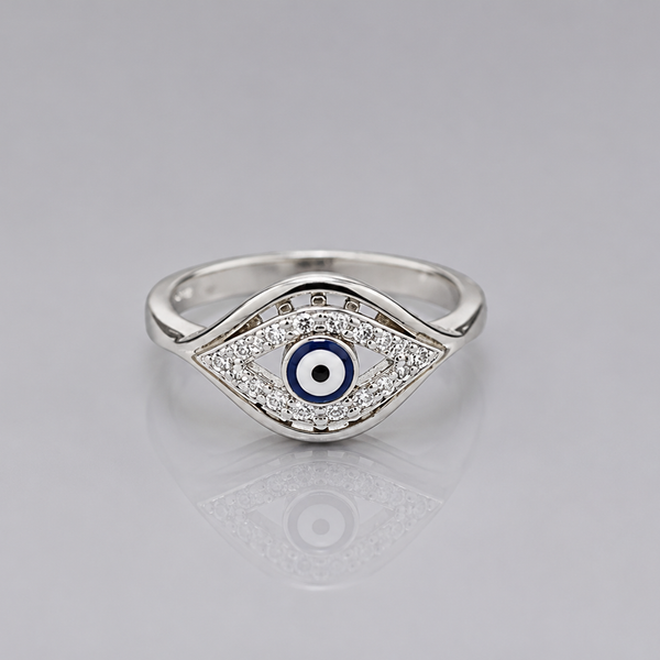 Silver Blue Evil Eye Pave Marquise Ring