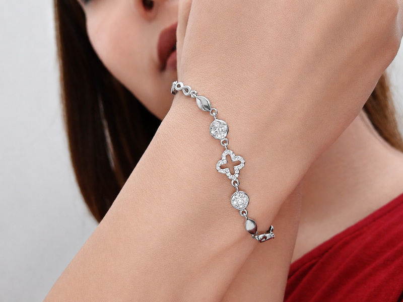 Silver Floral Crystal Link Bracelet