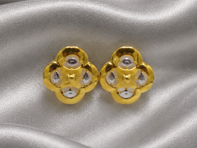 Two-Tone Golden Four-Petal Clover CZ Studs