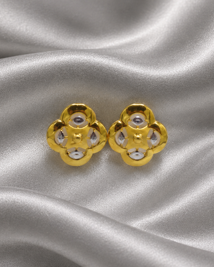 Two-Tone Golden Four-Petal Clover CZ Studs