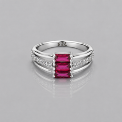 Silver Ruby Baguette Three-Stone Pave Ring