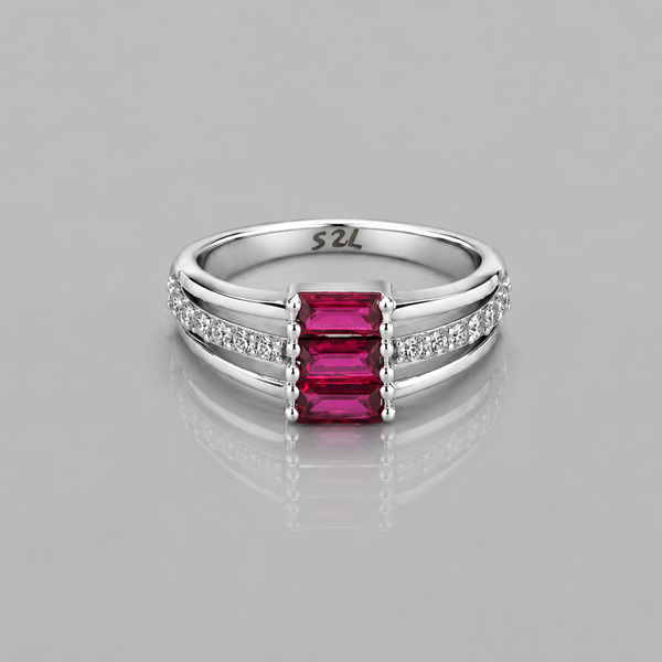 Silver Ruby Baguette Three-Stone Pave Ring