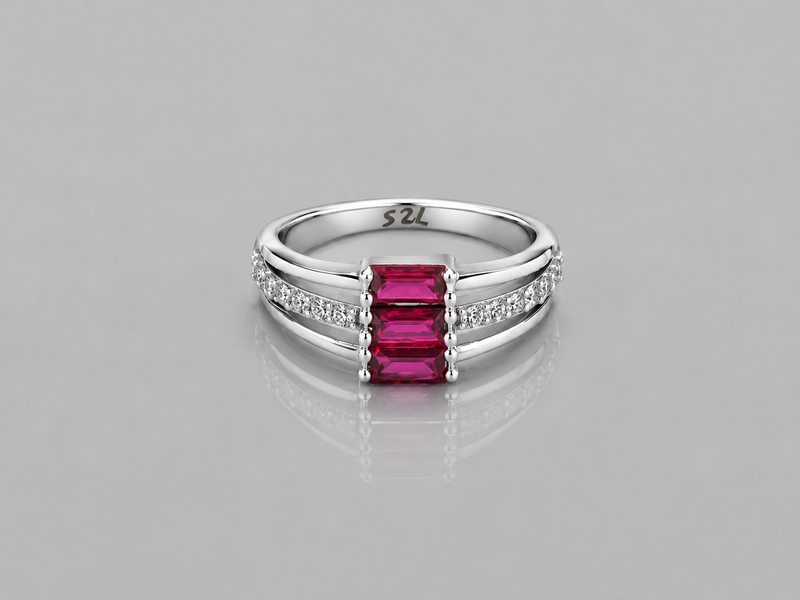 Silver Ruby Baguette Three-Stone Pave Ring