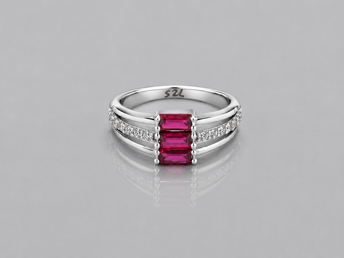 Silver Ruby Baguette Three-Stone Pave Ring