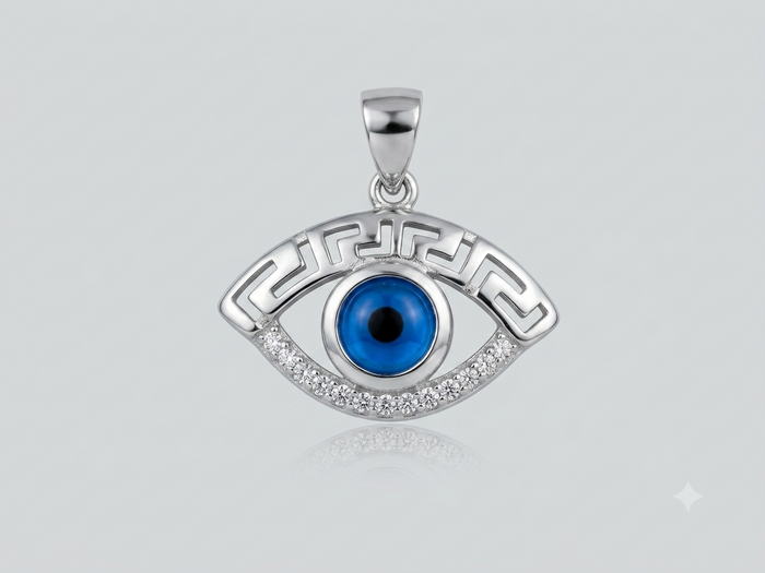 Silver Greek Key Evil Eye Pendant