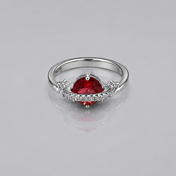 Silver Red Trillion Stone Pave Crescent Ring
