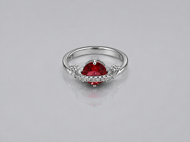 Silver Red Trillion Stone Pave Crescent Ring