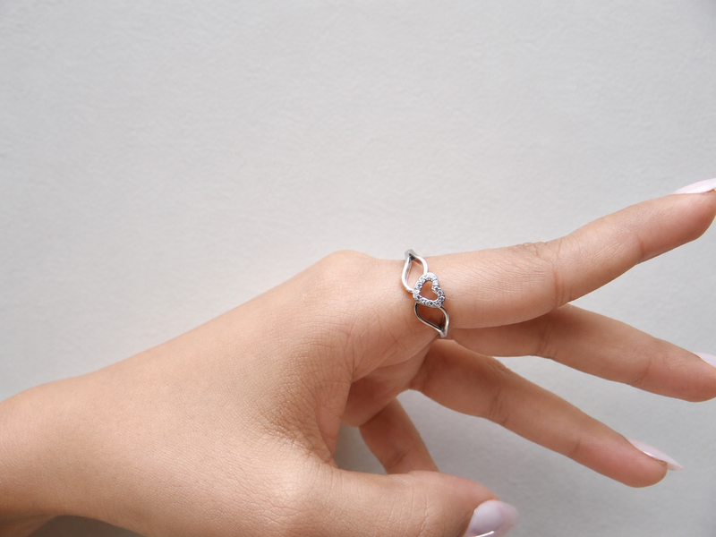 Silver Open Pave Heart Crossover Ring