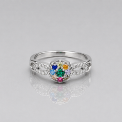 Silver Navratna Hexagon Twist Ring