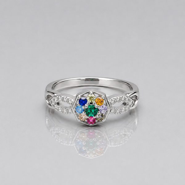Silver Navratna Hexagon Twist Ring