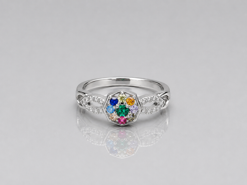 Silver Navratna Hexagon Twist Ring