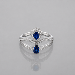 Silver Blue Pear Stone Pave Cross Ring