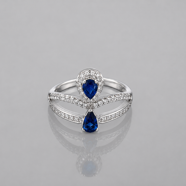 Silver Blue Pear Stone Pave Cross Ring