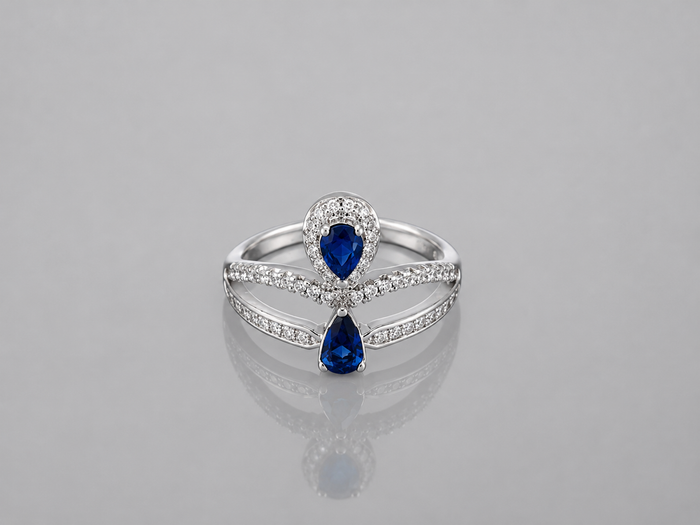 Silver Blue Pear Stone Pave Cross Ring
