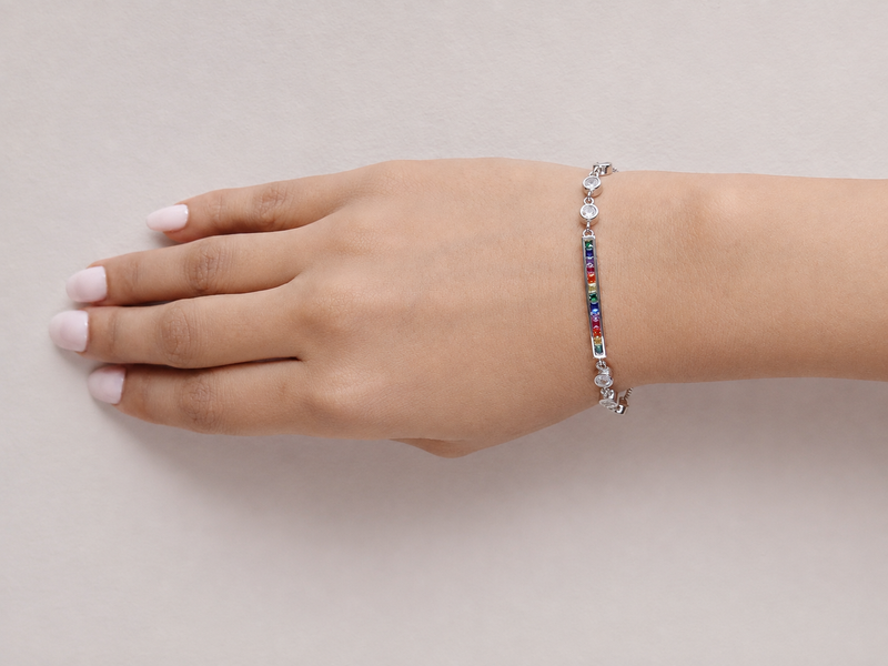 Silver Rainbow Stone Bar Bracelet